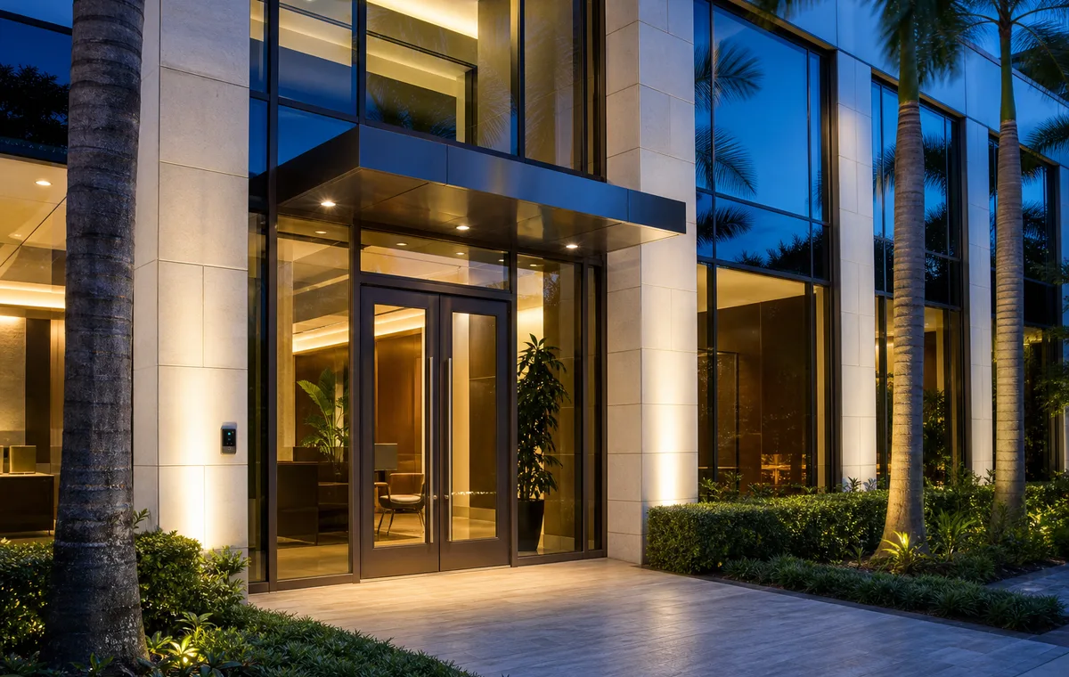 Secure modern commercial office entrance